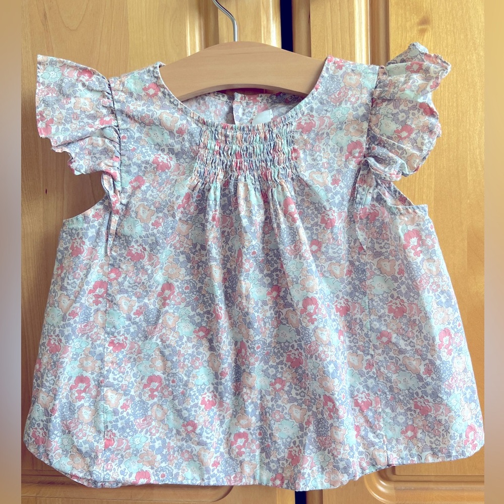 Bonpoint Pink and Blue Floral Blouse with Ruffle Sleeves